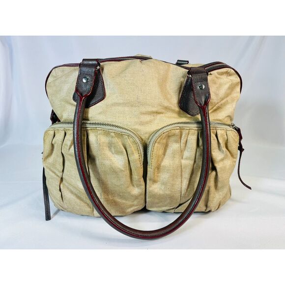 MZ Wallace Jane Glazed Linen Beige Satchel Leather Handles Pockets Large Capac - Picture 1 of 11